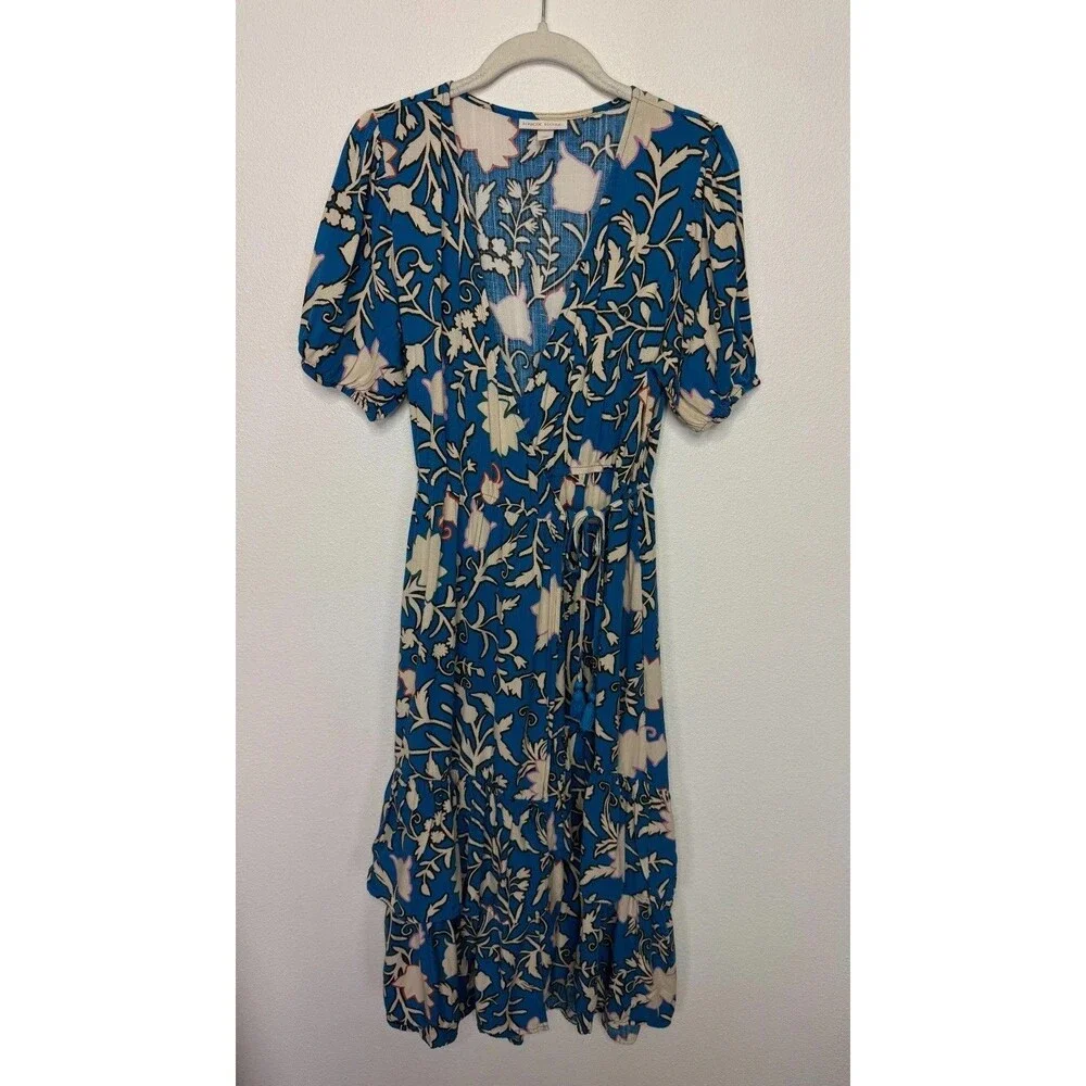 Knox Rose Small Wrap Midi Dress Blue White Ruffled Tiered Floral Short Sleeve